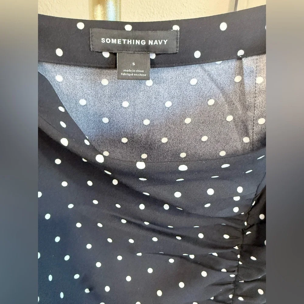 NWOT - Something Navy Rouched Midi Slip Skirt Black w. White Polka Dot - Size S